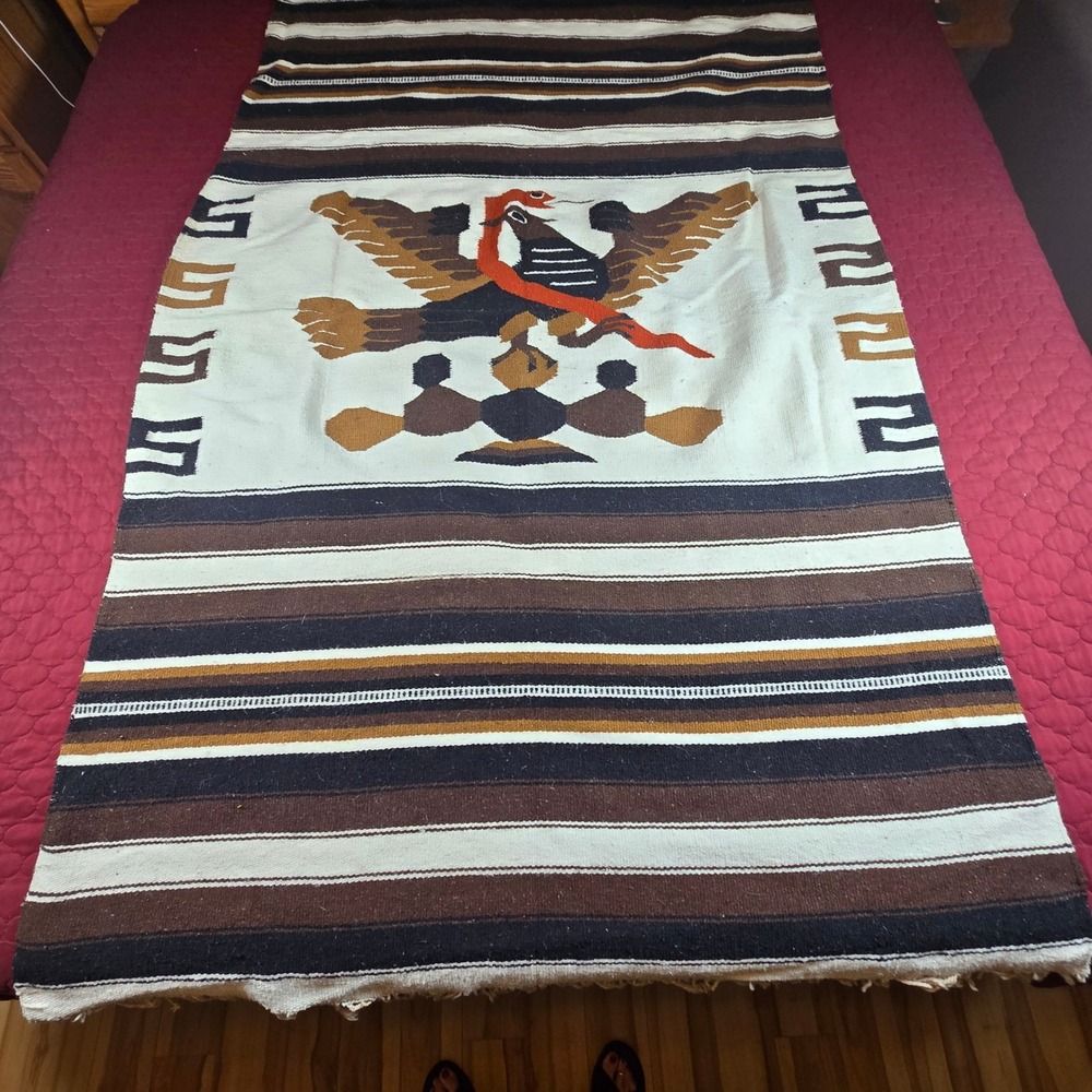 Eagle Southwest Mexican Blanket Rug Poncho Vintage Brown 76" x 48" Knotted Weave